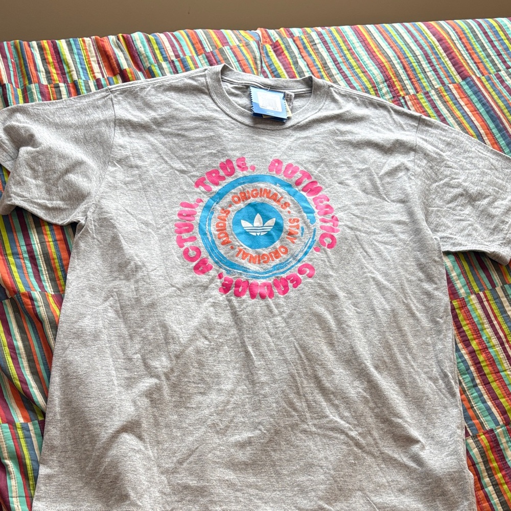 Sale Adidas size, large express yourself graphic logo Gray Tee with Colorful new